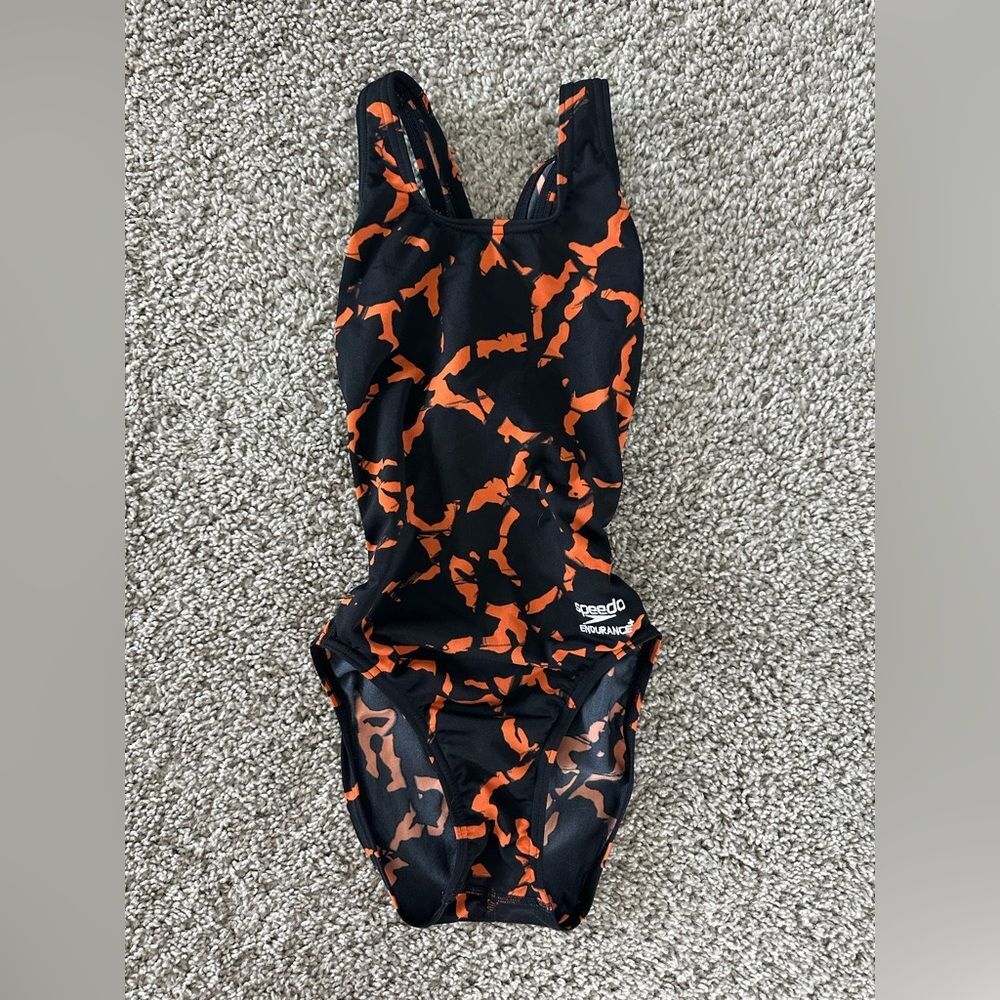 Speedo Black and Orange Abstract Print One-Piece Swimsuit